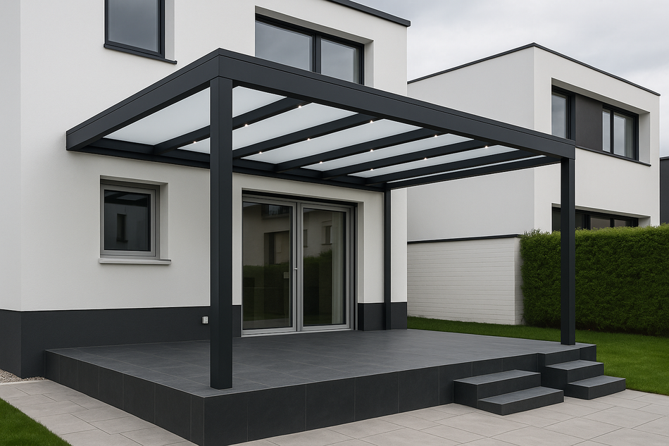 Terrassenüberdachung 950 cm x 300 cm mit Opal Polycarbonat