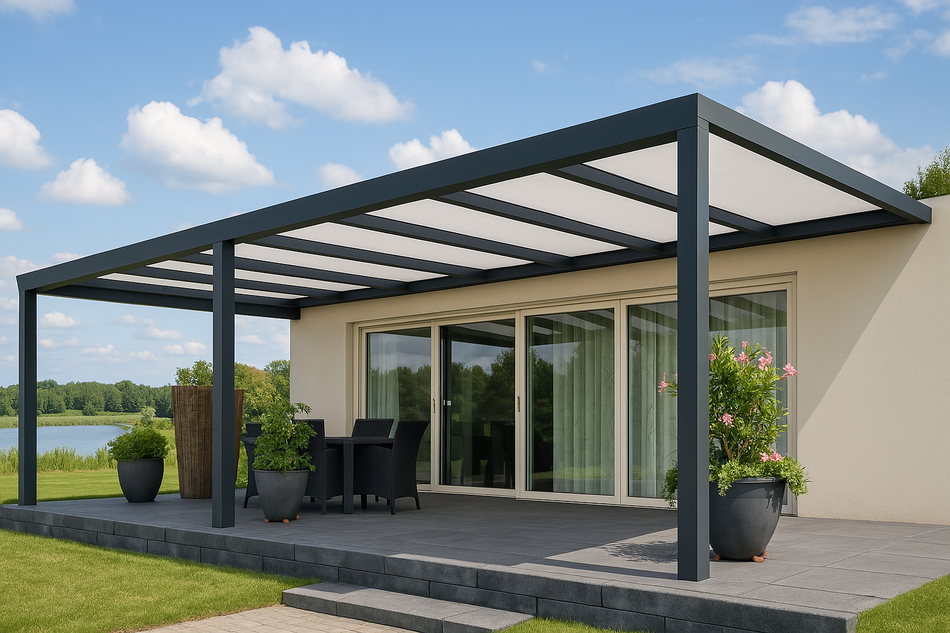 Terrassenüberdachung 900 cm x 450 cm mit Opal Polycarbonat