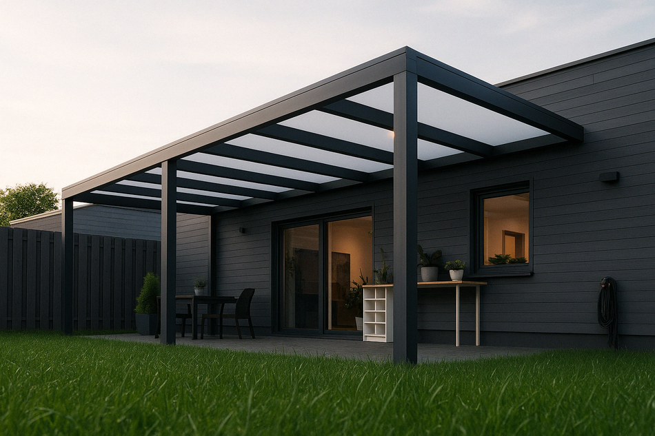 Terrassenüberdachung 900 cm x 300 cm mit Opal Polycarbonat