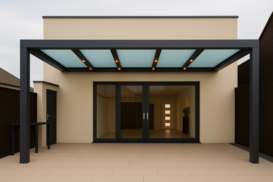 Terrassenüberdachung 900 cm x 400 cm mit Opal Polycarbonat
