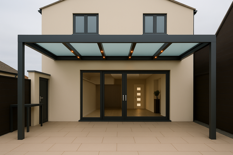 Terrassenüberdachung 950 cm x 200 cm mit Opal Polycarbonat