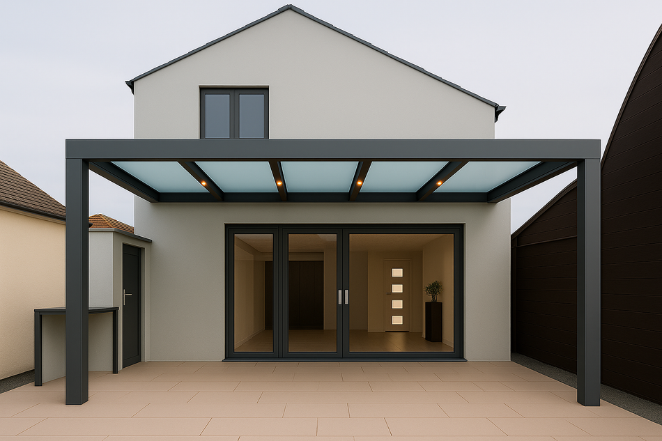Terrassenüberdachung 900 cm x 500 cm mit Opal Polycarbonat