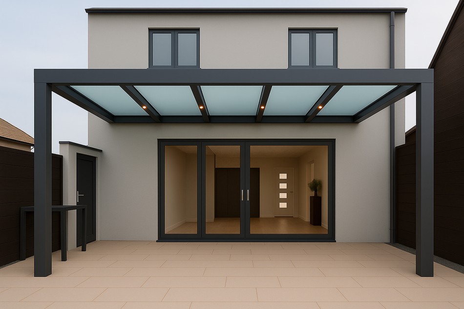 Terrassenüberdachung 950 cm x 250 cm mit Opal Polycarbonat