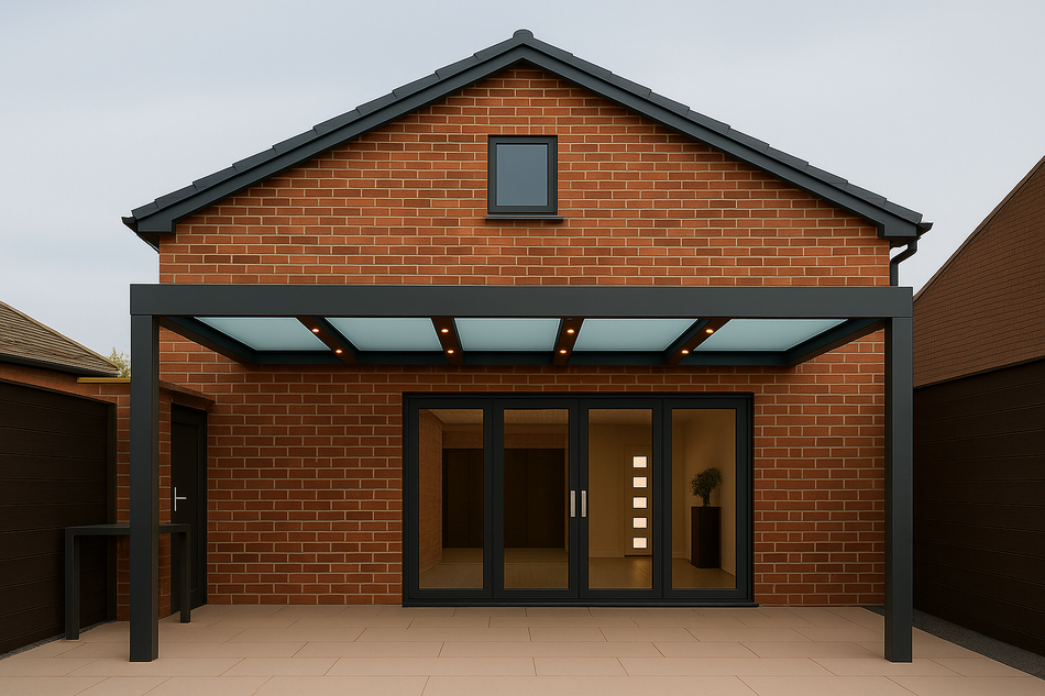 Terrassenüberdachung 950 cm x 350 cm mit Opal Polycarbonat