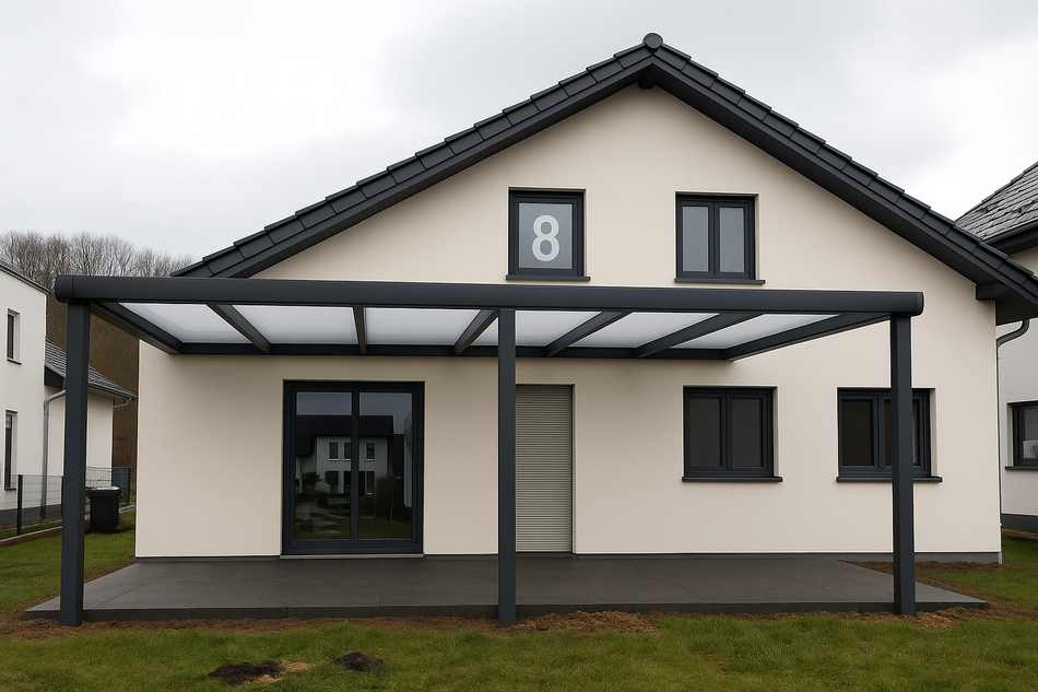 Terrassenüberdachung 950 cm x 400 cm mit Opal Polycarbonat