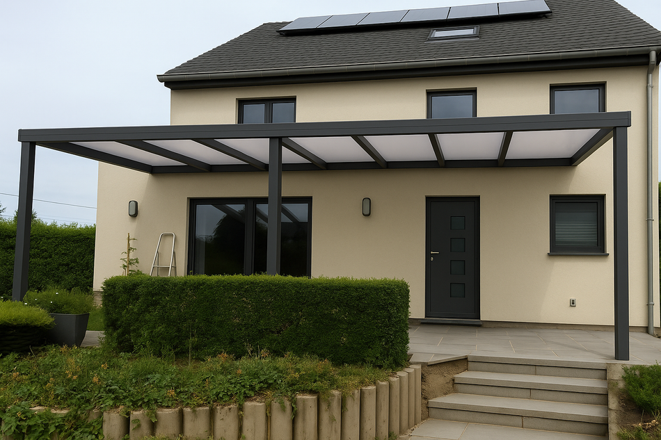 Terrassenüberdachung 950 cm x 500 cm mit Opal Polycarbonat