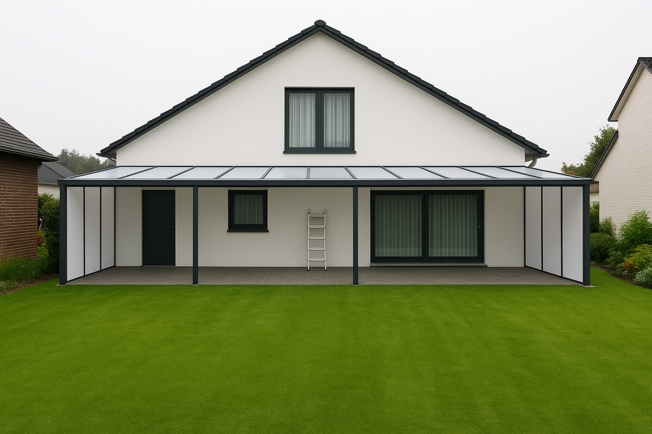 Terrassenüberdachung 950 cm x 450 cm mit Opal Polycarbonat