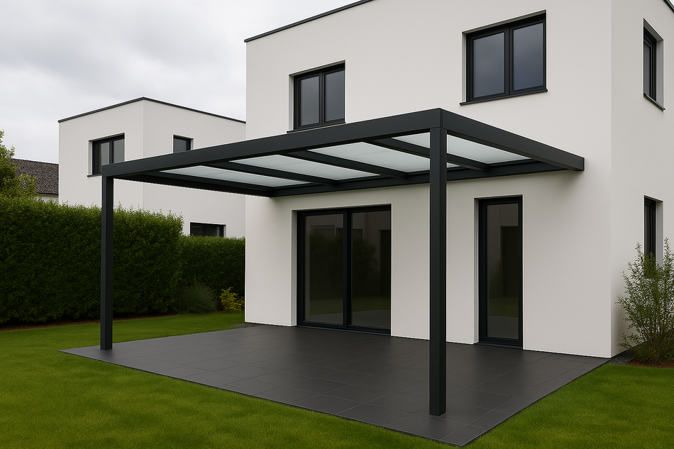 Terrassenüberdachung 350 cm x 400 cm mit Opal Polycarbonat