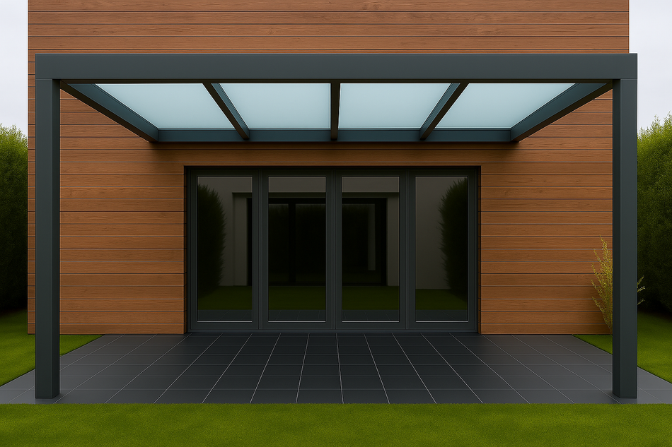 Terrassenüberdachung 350 cm x 350 cm mit Opal Polycarbonat