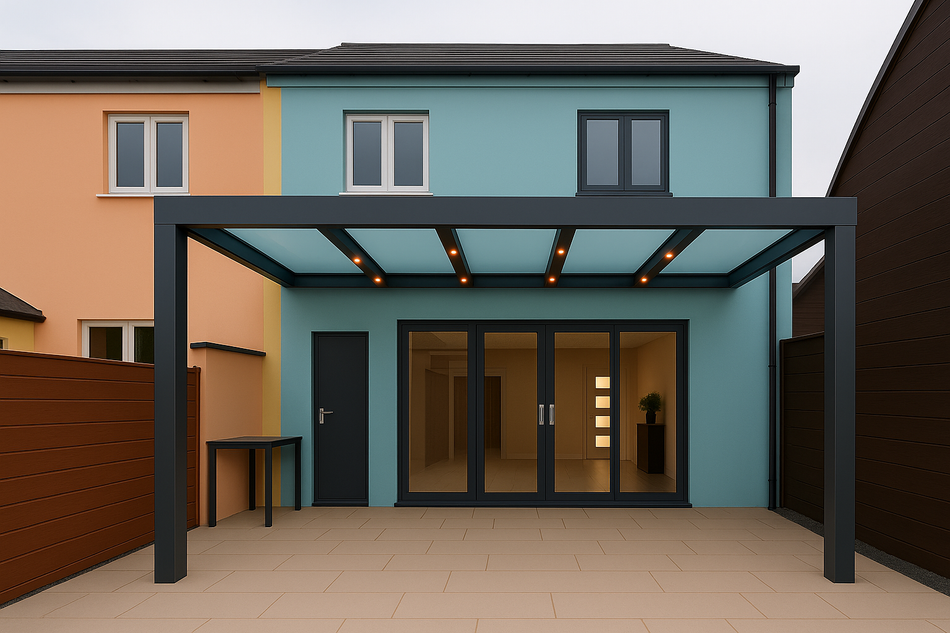 Terrassenüberdachung 850 cm x 450 cm mit Opal Polycarbonat