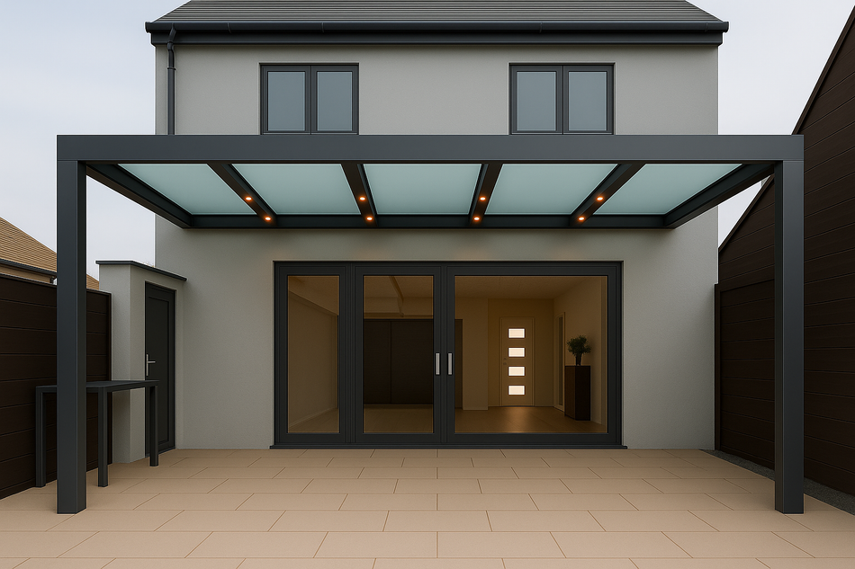 Terrassenüberdachung 850 cm x 500 cm mit Opal Polycarbonat